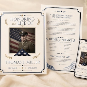 Könnte beinhalten: Ein Trauerprogramm-Set mit einem Porträt eines Soldaten in Uniform vor einer amerikanischen Flagge, betitelt Honoring the Life of Thomas E. Miller. Das Design umfasst goldene Lorbeerakzente, marineblaue Ränder und einen Ablaufplan auf einem Smartphone.