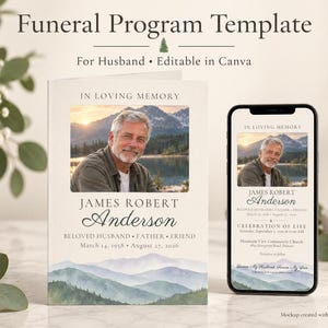 以下が含まれることがあります： 男性の写真、In Loving Memory、James Robert Andersonというテキスト、日付が記載された葬儀プログラムのテンプレート。下部には山岳風景のイラストが描かれており、印刷されたカードとスマートフォンの画面に表示されています。