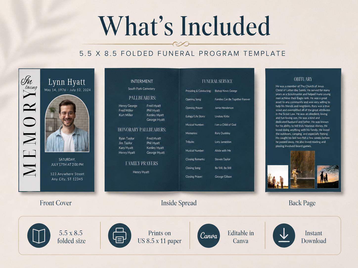 Editable LDS Funeral Program Template Navy Blue Order of Service ...