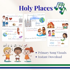 Puede incluir: Una colorida ilustración con el texto "Holy Places" y varias imágenes. La imagen incluye niños, figuras religiosas y texto sobre fe y oración. También están presentes las palabras "Primary Song Visuals" y "Instant Download".