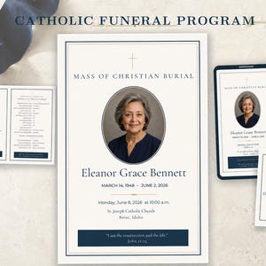 May include: A Catholic funeral program set featuring a cream-colored card with dark blue borders, a central oval portrait of a person, and the text Mass of Christian Burial, Eleanor Grace Bennett, March 14, 1948 - June 2, 2026, and John 11:25.