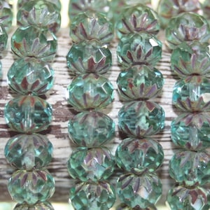 Aquamarine Cruller Czech Glass Beads: Picasso Finish, 9x6mm