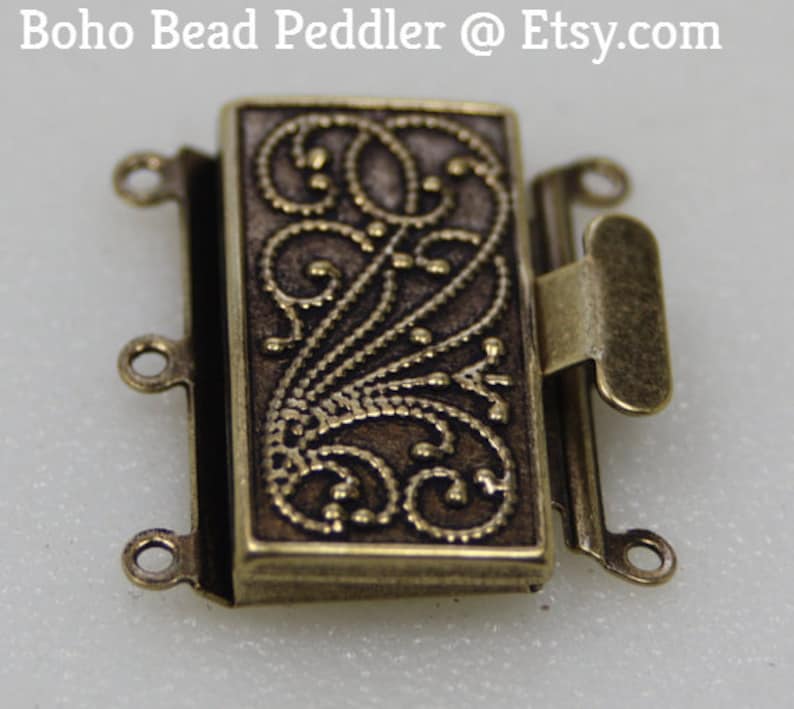 Antique Brass Box Clasp, 3 Strand, Vintage Style image 1