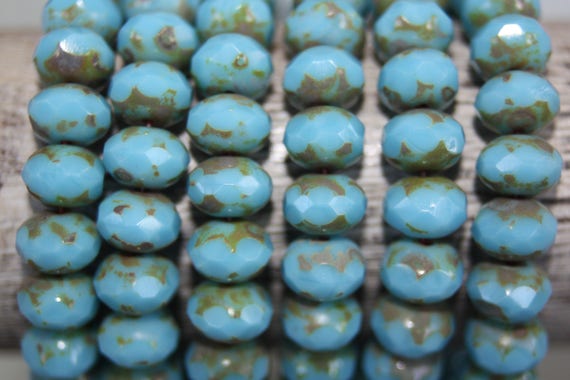 25 Sparkling Teal Czech Glass Rondelle Beads 8x6mm