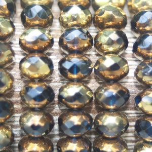 Sapphire Blue Czech Glass Rondelle Beads: Gold Bronze Finish, 7x5mm (25 Beads)