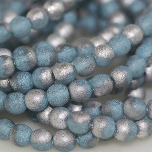 Czech Glass Druk Beads: 6mm Sky Blue and Silver Etched Round Beads