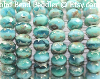 Czech Glass Beads, Rondells 8x6mm, Picasso Finish, 25 Beads