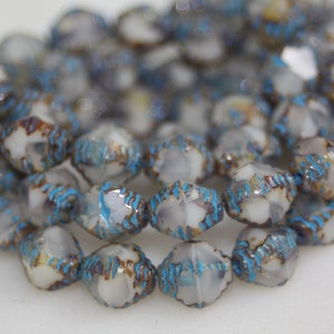 Czech Glass Bicone Beads: White Picasso with Turquoise Wash (8x10mm)