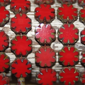 Cuentas de flor de cactus de cristal checo rojo - Acabado Picasso (25 cuentas)