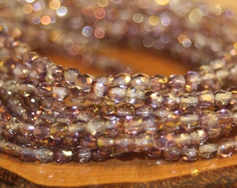 3mm Firepolish, Faceted Round, 50 Beads, Lavender AB