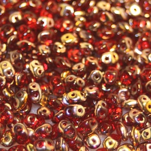 Superduos, Czech Glass Beads, Two Hole Beads, Red Capri Gold