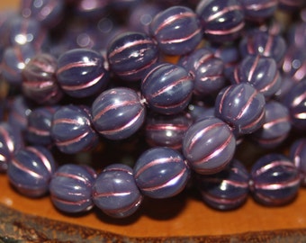 Purple Violet Czech Glass Melon Beads - 8mm, Pink Wash