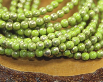 Czech Glass Beads, 4mm Round Druks, Avacado Green and Gold, 50 Beads