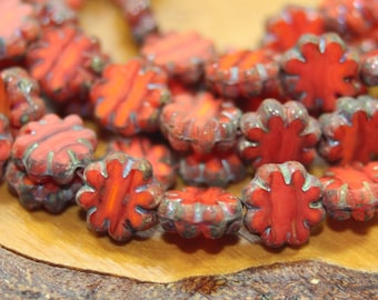 Czech Glass Beads, 9mm Cactus Flower, Red Coral, 25 Pcs