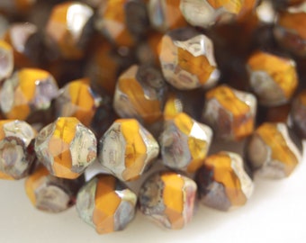 Czech Glass Baroque Beads, 8mm Central Cut, Pumpkin Picasso