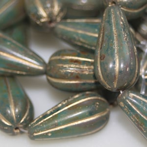 Czech Glass Beads, 11x22mm Melon Drops, Jade Green and Gold