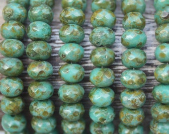Sea Green Czech Glass Rondelle Beads: Picasso Finish, 7x5mm