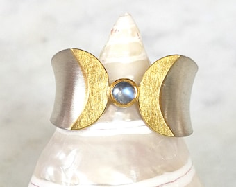 Anillo lunar de plata con piedra lunar - diseño de doble luna