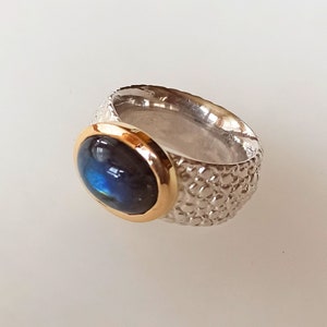 Breiter Ring Silber mit Labradorith Design Rochenleder
