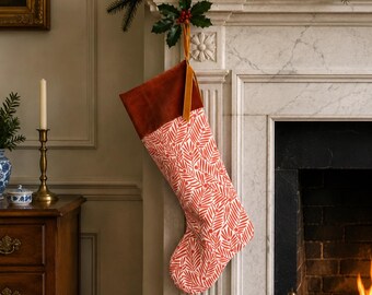 William Morris Velvet Christmas Stocking -  Yew and Aril rust velvet , velvet stocking, floral stocking, traditional stocking