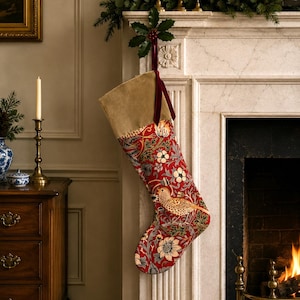 William Morris Velvet Christmas Stocking -  Strawberry Thief Crimson with caramel velvet , velvet stocking, stocking, traditional stocking