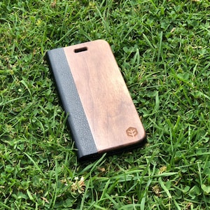 Walnut & Black Leather Wood iPhone 13 Case OXSY | iPhone 7/8/12/13/14 Folio Case / iPhone 12 Flip Case | iPhone SE2/7/8/X/Walnut Case