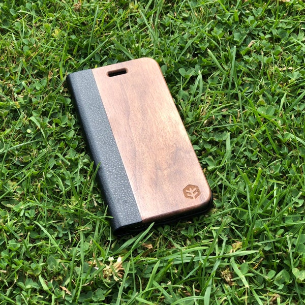 Walnut & Black Leather Wood iPhone 13 Case OXSY | iPhone 7/8/12/13/14 Folio Case / iPhone 12 Flip Case | iPhone SE2/7/8/X/Walnut Case