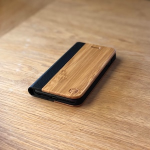 Bamboo & Black Leather Wooden iPhone Case OXSY | iPhone 8/XS/12/13/14 Folio Case / iPhone Wallet Case | iPhone 7/8/X/11 Pro Bamboo Wood Case
