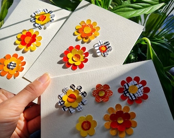 Colourful 3D Decorative Retro Floral Cards | Set of 3 | A6 | Hammered Textured Card 300gsm | Collage | Stitch | Blank Inside