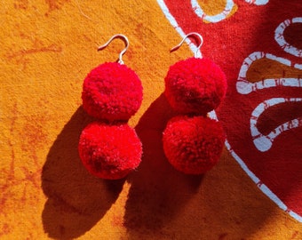 Double Mini Pom Pom Earrings | Tonal Red | Wool | 925 Grade Sterling Silver
