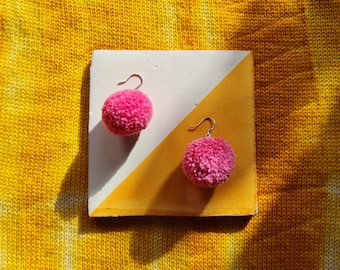 Mini Pom Pom Earrings | Pink | Wool | 925 Grade Sterling Silver