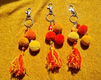 Upcycled Colourful Beaded Wool Pom Pom Tassel Keyring | Bag Charm | Tonal Yellow Orange