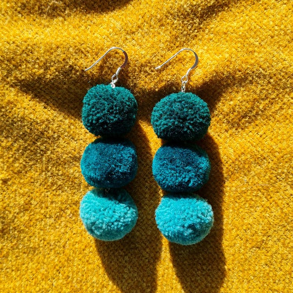 Triple Tonal Green Turquoise Pom Pom Earrings | Wool | 925 Grade Sterling Silver