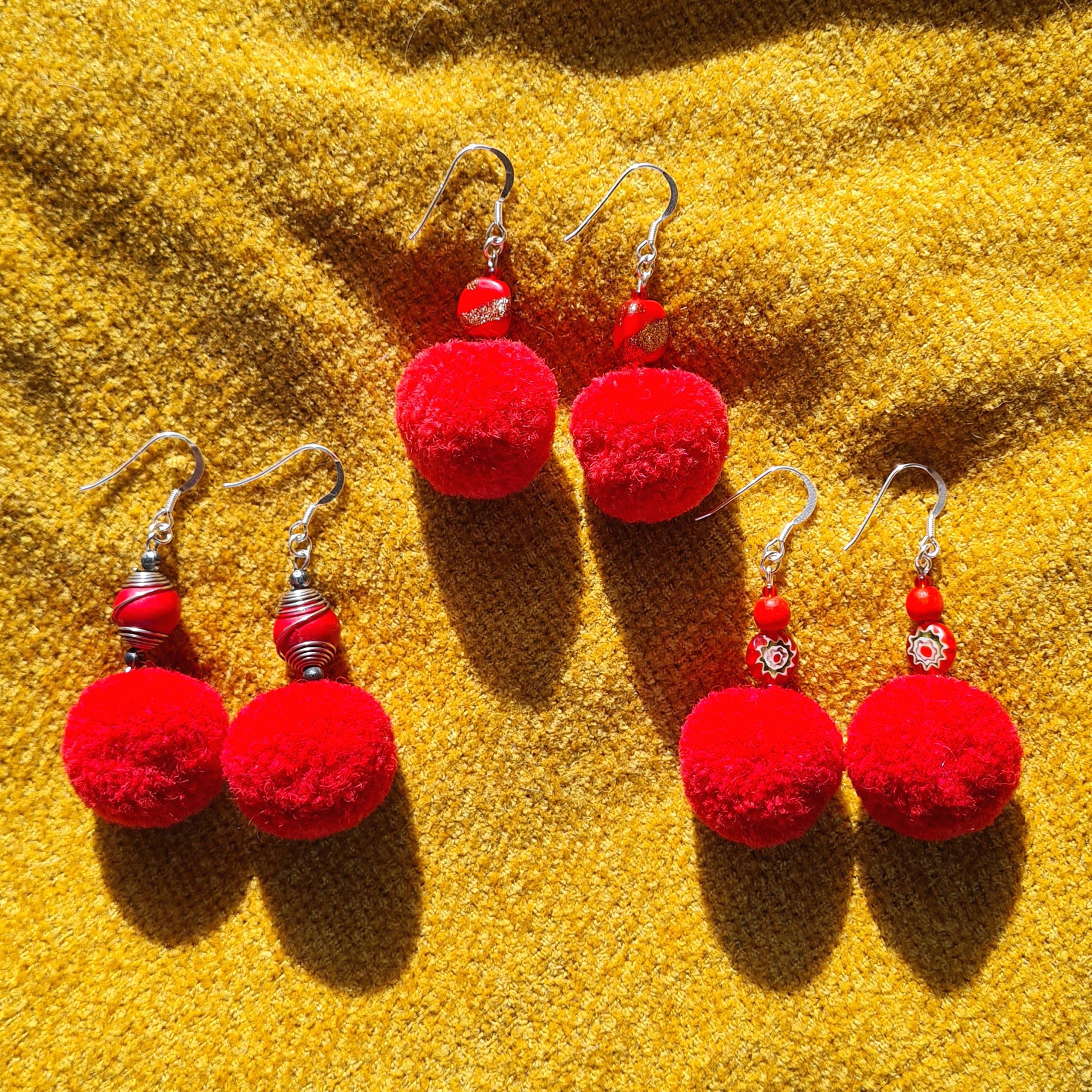 Red Pom Pom Dangle Earrings UK