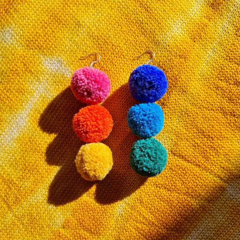 Triple Mini Pom Pom Earrings Rainbow Multicoloured Wool 925 Grade Sterling Silver image 4