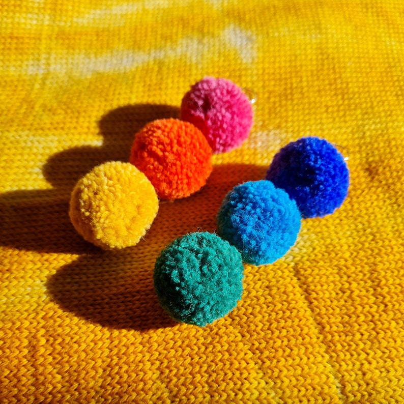 Triple Mini Pom Pom Earrings Rainbow Multicoloured Wool 925 Grade Sterling Silver image 2