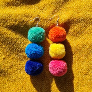 Triple Rainbow Multicoloured Pom Pom Earrings | Wool | 925 Grade Sterling Silver