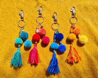 Upcycled Colourful Beaded Wool Pom Pom Tassel Keyring | Bag Charm | Multi-Coloured | Green Pink Blue Yellow