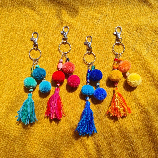 Upcycled Colourful Beaded Wool Pom Pom Tassel Keyring | Bag Charm | Multi-Coloured | Green Pink Blue Yellow