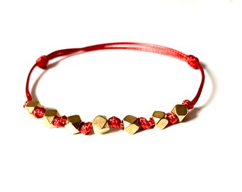 RED cord bracelet in waxed COTTON with 7 golden steel beads Jewel Chakras protective lucky charm