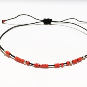 Miyuki RED beads and 3 sterling silver beads on a very thin BLACK cord Bracelet Thin Jewel image 1