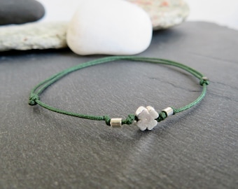 Small CLOVER bracelet with 4 leaves & tube beads in solid silver Cord color of your choice Lucky jewel