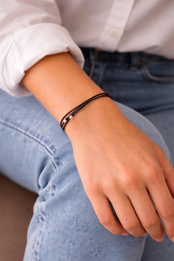 Bracelet 3 cordons NOIRS & 3 fines PERLES tube Argent massif Bijou réglable original fait main