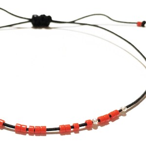 Miyuki RED beads and 3 sterling silver beads on a very thin BLACK cord Bracelet Thin Jewel image 2