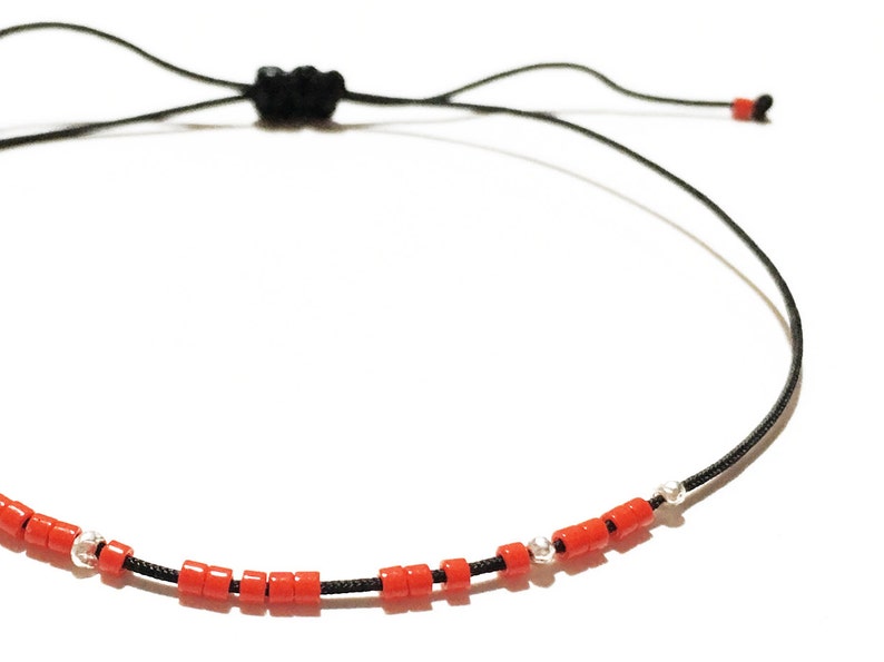 Miyuki RED beads and 3 sterling silver beads on a very thin BLACK cord Bracelet Thin Jewel image 2