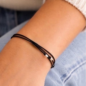 3 BLACK cords & 3 thin sterling silver PEARLS Closing sliding flat knot Teen Woman minimalist protector Friend Love Jewel Beads image 3