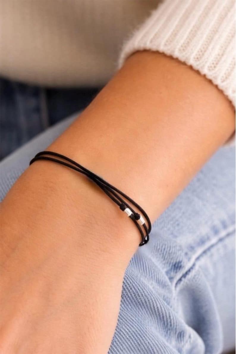 3 BLACK cords & 3 thin sterling silver PEARLS Closing sliding flat knot Teen Woman minimalist protector Friend Love Jewel Beads image 3