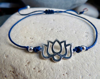 Sterling silver LOTUS bracelet Adjustable cord bracelet Yarn color to choose Lucky Yoga zen Buddhist