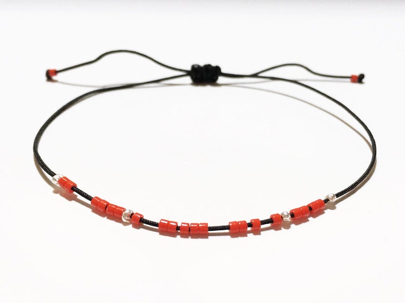 Miyuki RED beads and 3 sterling silver beads on a very thin BLACK cord Bracelet Thin Jewel image 1
