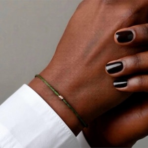 Thin 925 Sterling silver bead on KHAKI GREEN Cord bracelet friendship Lucky Man Teen woman jewel